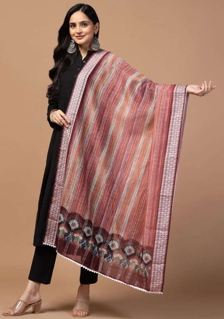Sequinned Striped Dupatta - Indya