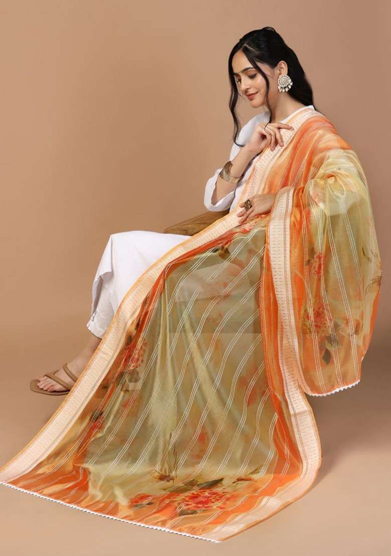 Ethnic Motifs Embroidered Organza Dupatta With Sequinned - Indya