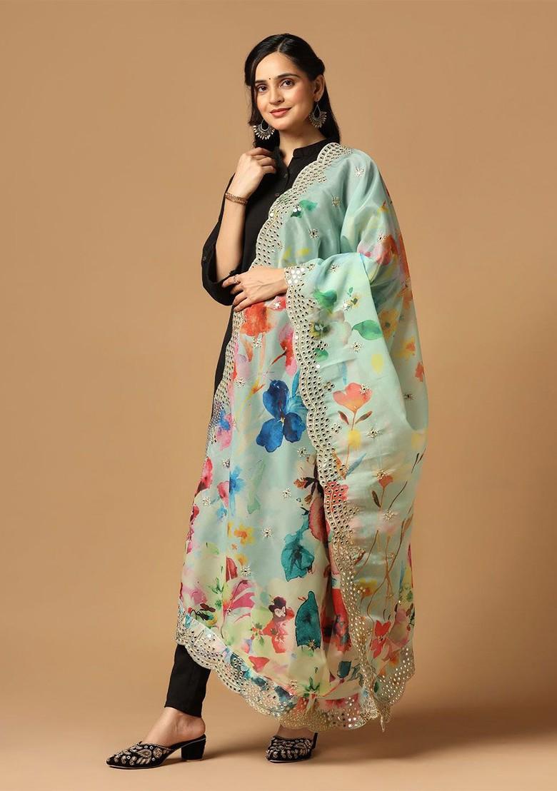 Floral Printed Organza Dupatta With Mirror Work