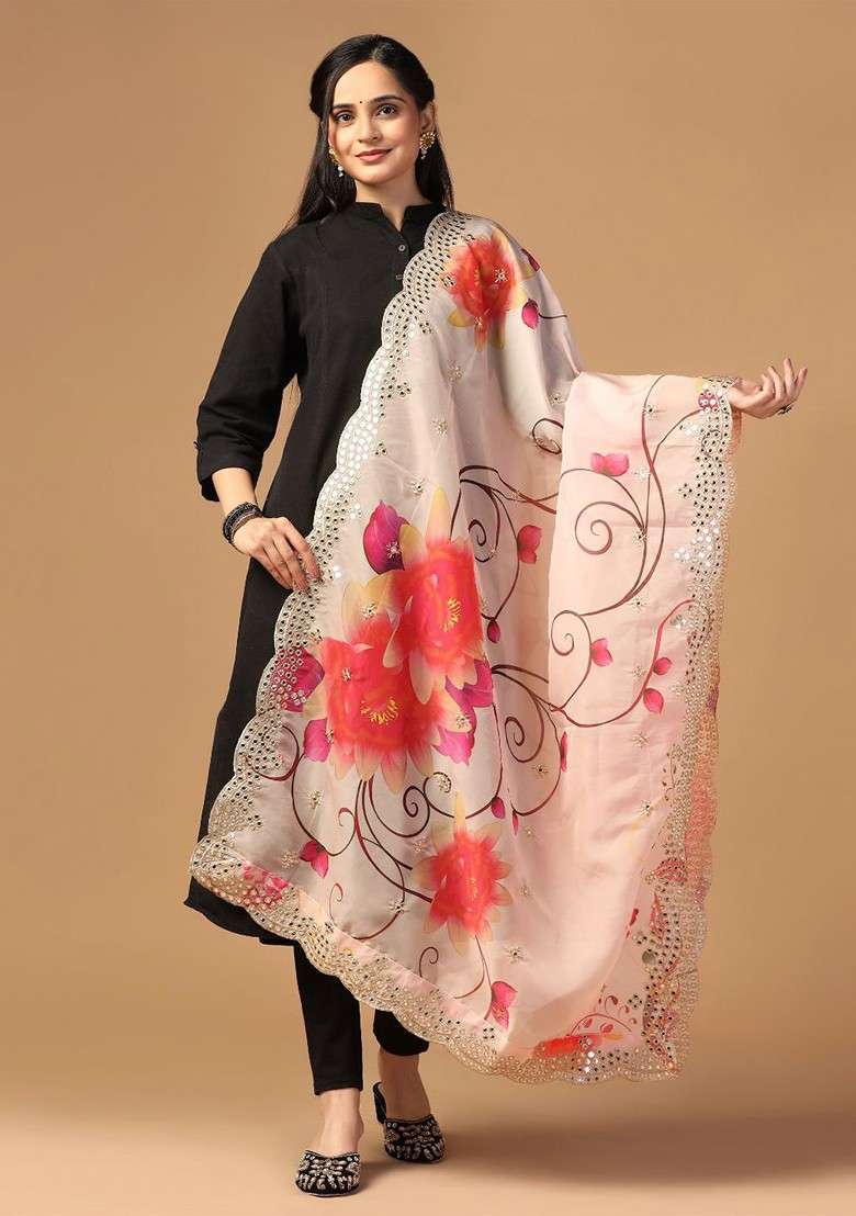 Floral Printed Mirror Work Organza Dupatta - Indya