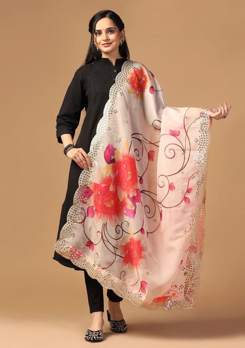 Floral Printed Mirror Work Organza Dupatta