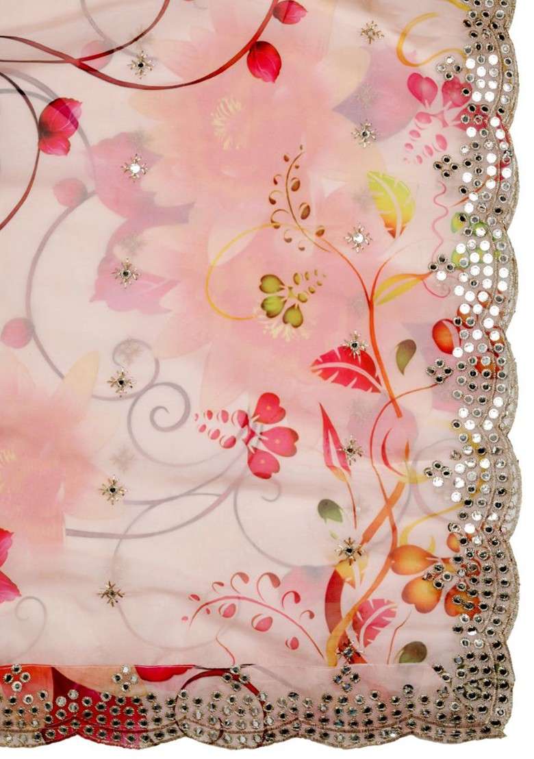 Floral Printed Mirror Work Organza Dupatta - Indya