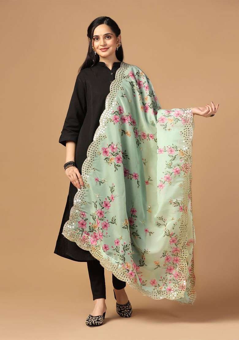 Floral Printed Mirror Work Organza Dupatta - Indya