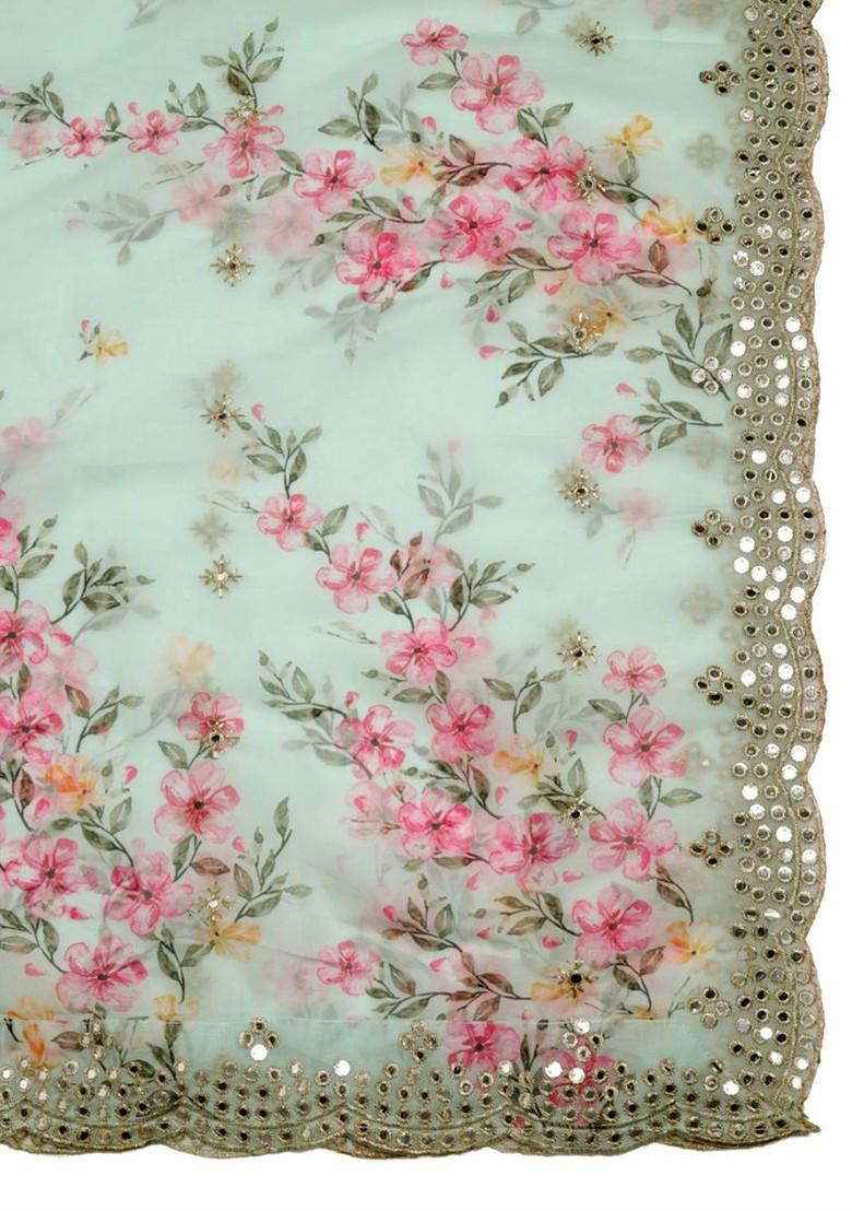 Floral Printed Mirror Work Organza Dupatta