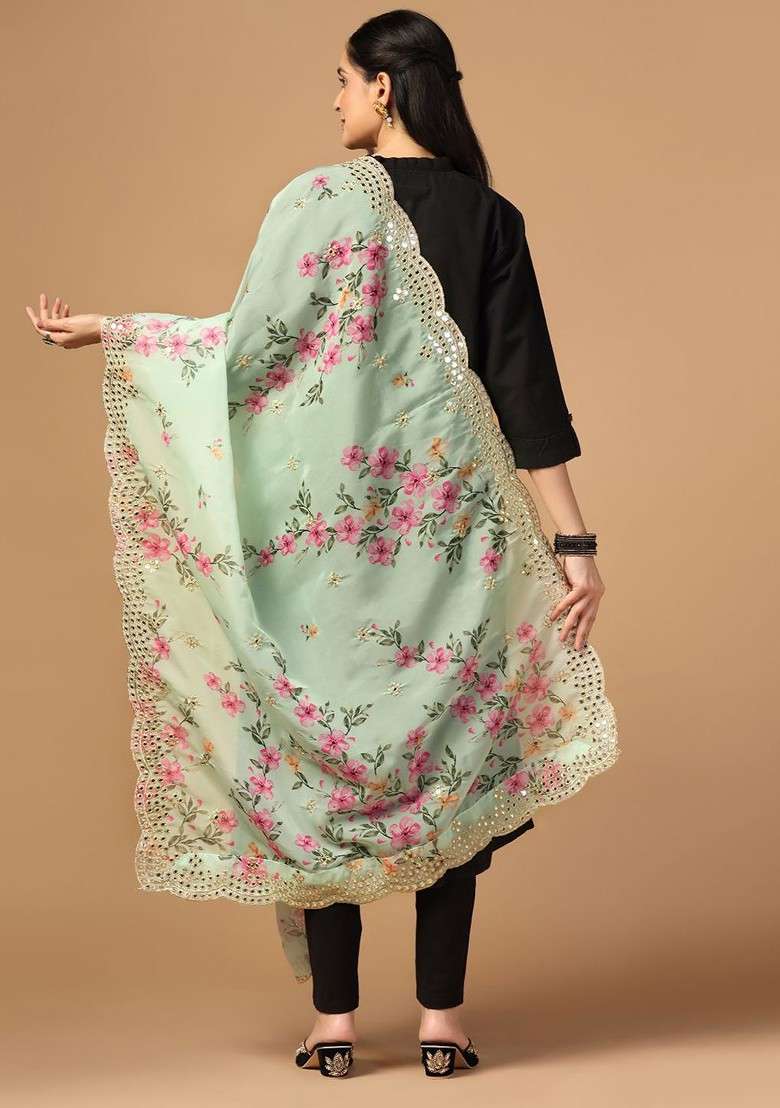 Floral Printed Mirror Work Organza Dupatta - Indya