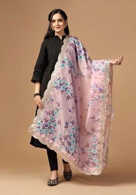Floral Printed Mirror Work Organza Dupatta