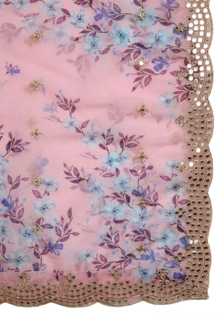 Floral Printed Mirror Work Organza Dupatta