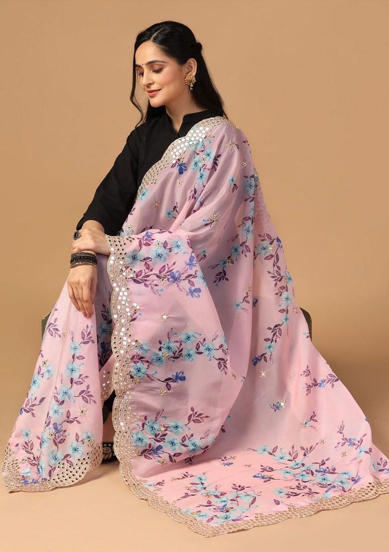 Floral Printed Mirror Work Organza Dupatta