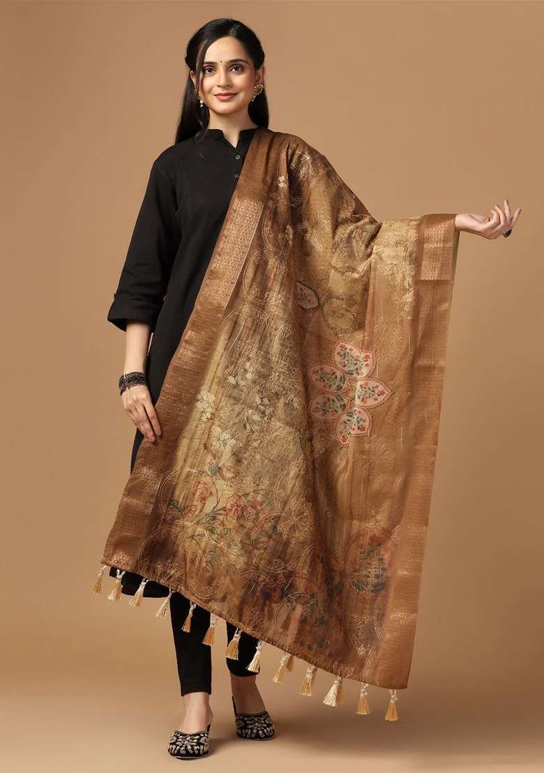 Floral Printed Thread Work Cotton Dupatta - Indya