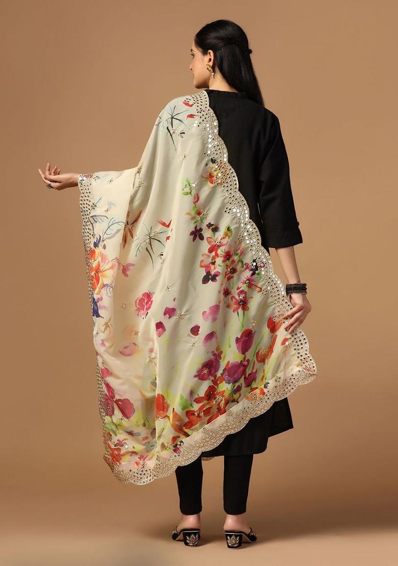 Floral Printed Mirror Work Organza Dupatta