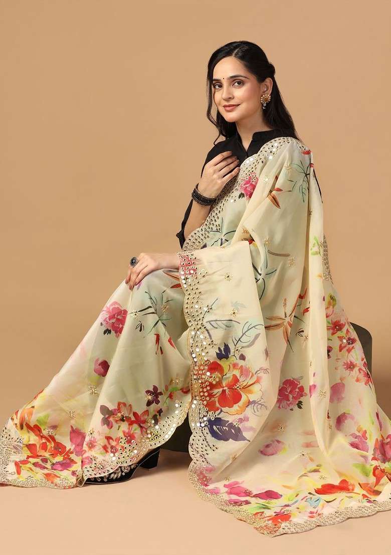 Floral Printed Mirror Work Organza Dupatta - Indya