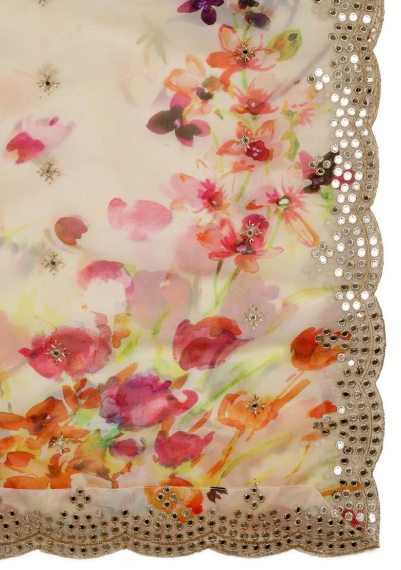 Floral Printed Mirror Work Organza Dupatta