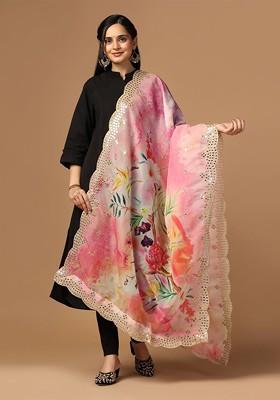 Floral Printed Mirror Work Organza Dupatta