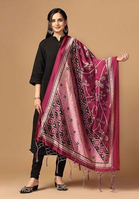 Floral Printed Tasselled Silk Dupatta