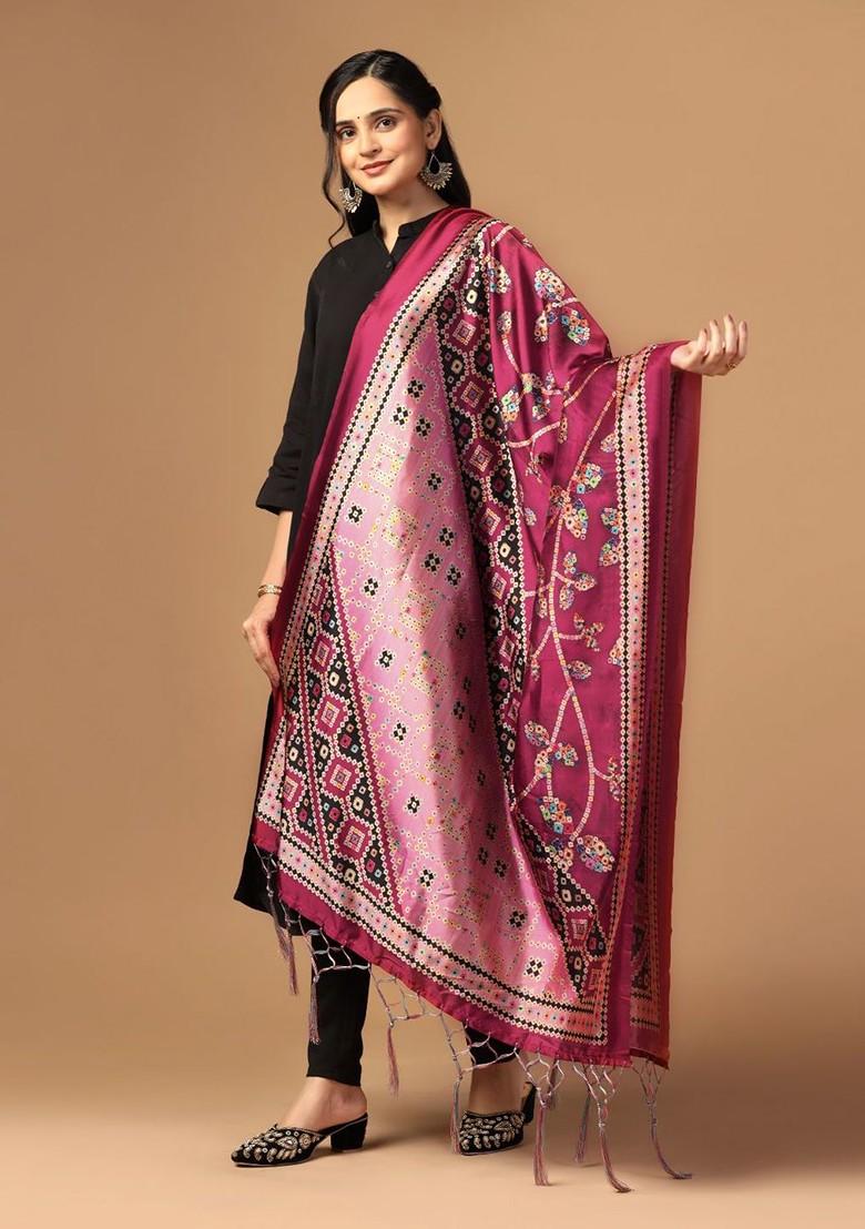 Floral Printed Tasselled Silk Dupatta