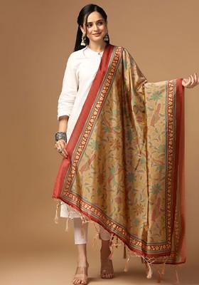 Floral Printed Tasselled Silk Dupatta