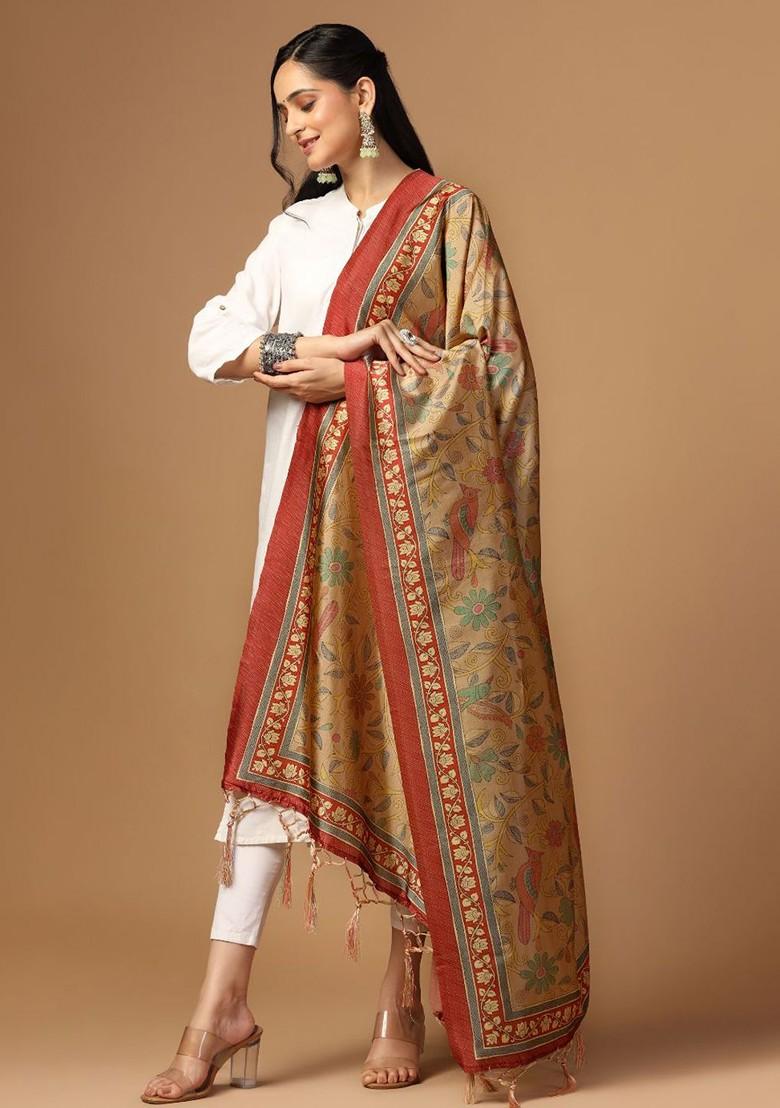 Floral Printed Tasselled Silk Dupatta