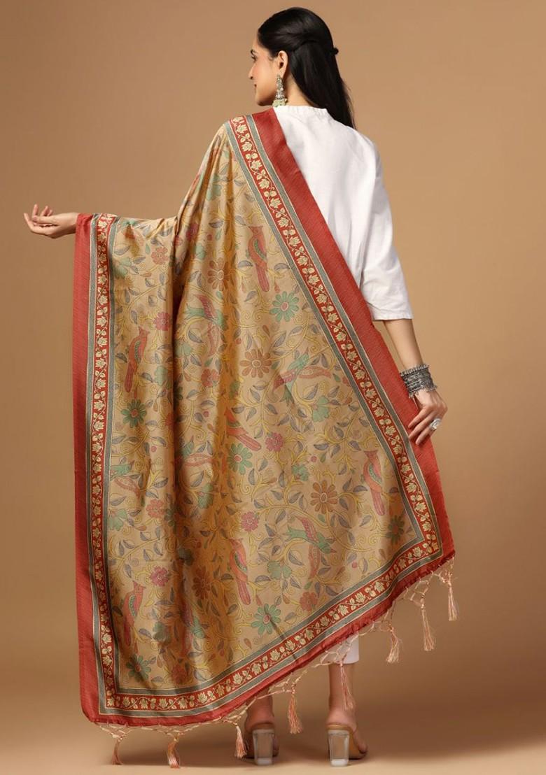 Floral Printed Tasselled Silk Dupatta