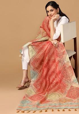 Ethnic Motifs Printed Tasselled Silk Dupatta With Thread Work