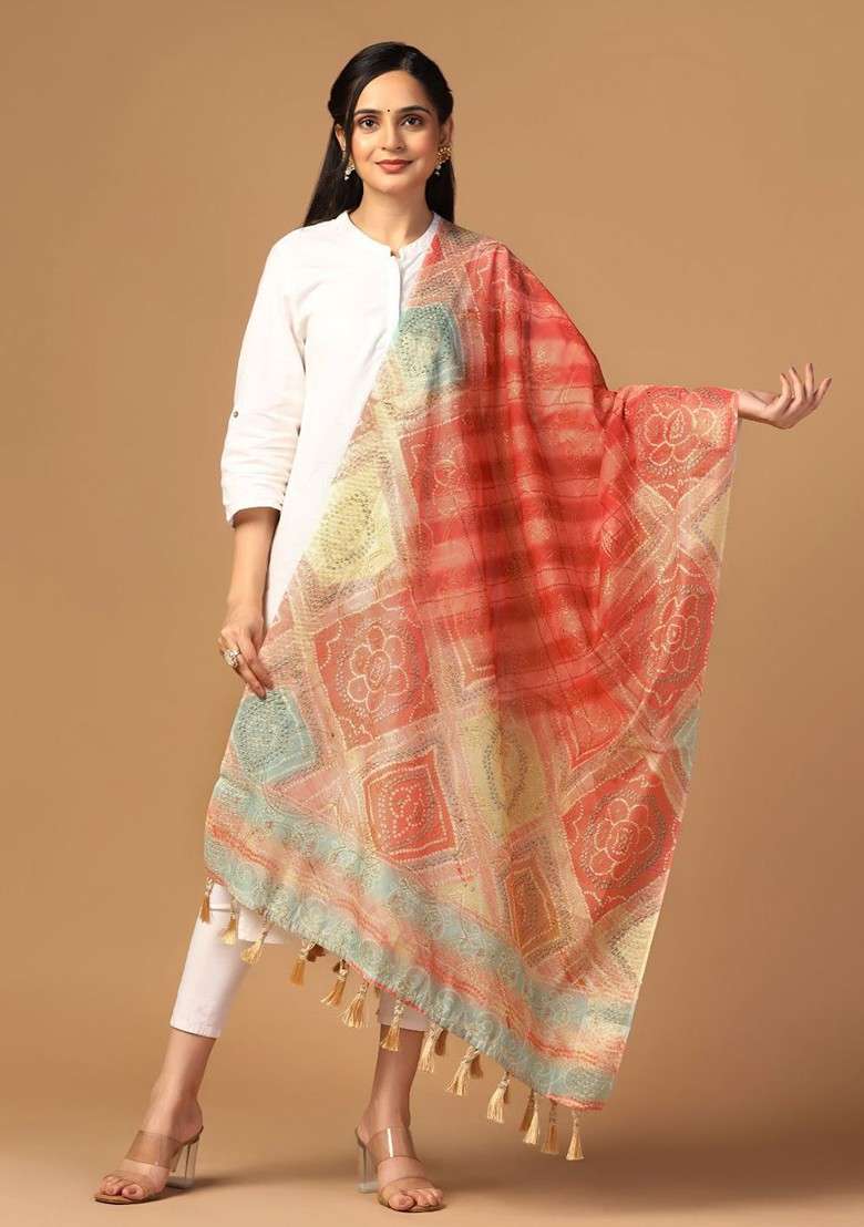 Ethnic Motifs Printed Tasselled Silk Dupatta With Thread Work - Indya