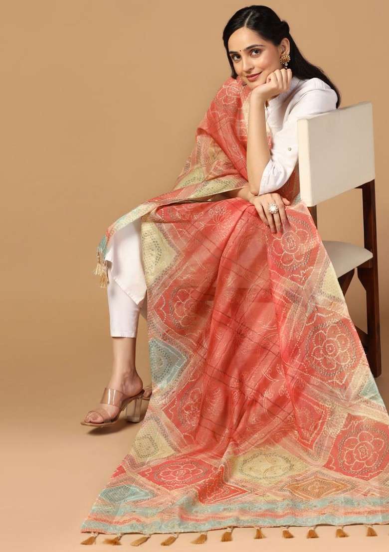 Ethnic Motifs Printed Tasselled Silk Dupatta With Thread Work - Indya
