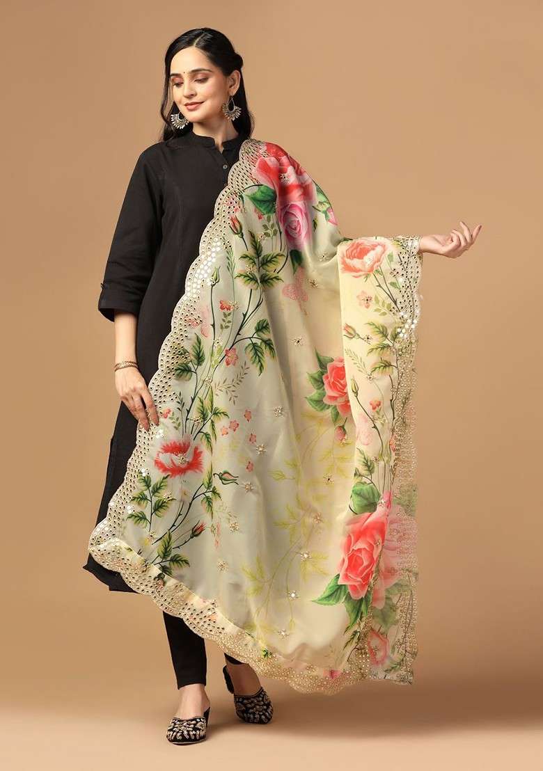 Floral Printed Organza Dupatta With Mirror Work - Indya