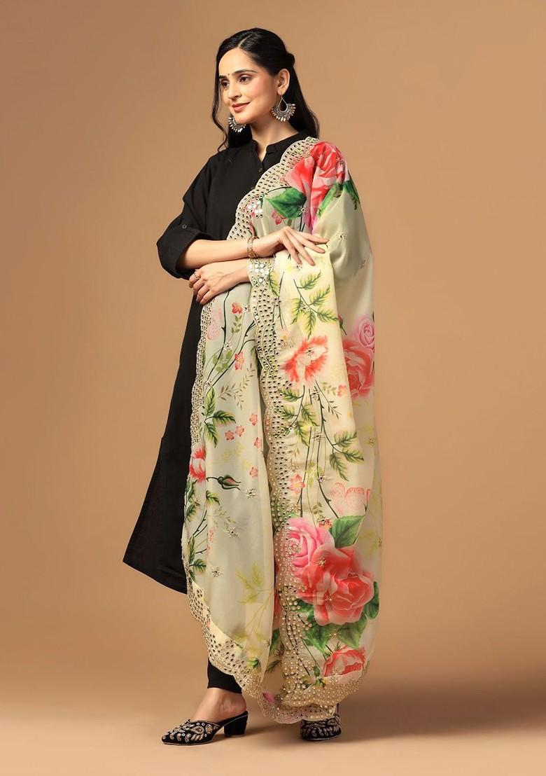 Floral Printed Organza Dupatta With Mirror Work