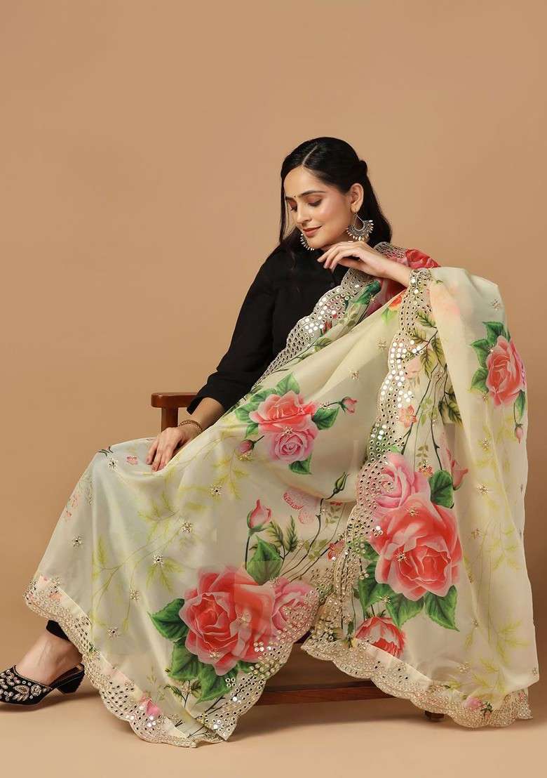 Floral Printed Organza Dupatta With Mirror Work - Indya