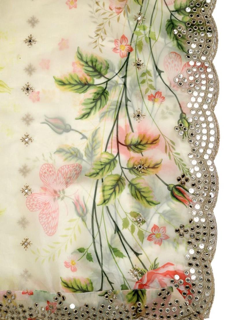 Floral Printed Organza Dupatta With Mirror Work