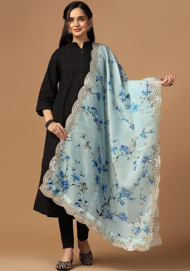 Floral Printed Mirror Work Organza Dupatta
