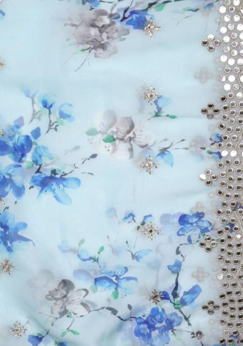 Floral Printed Mirror Work Organza Dupatta