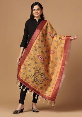 Floral Printed Ikat Tasselled Silk Dupatta With Thread Work
