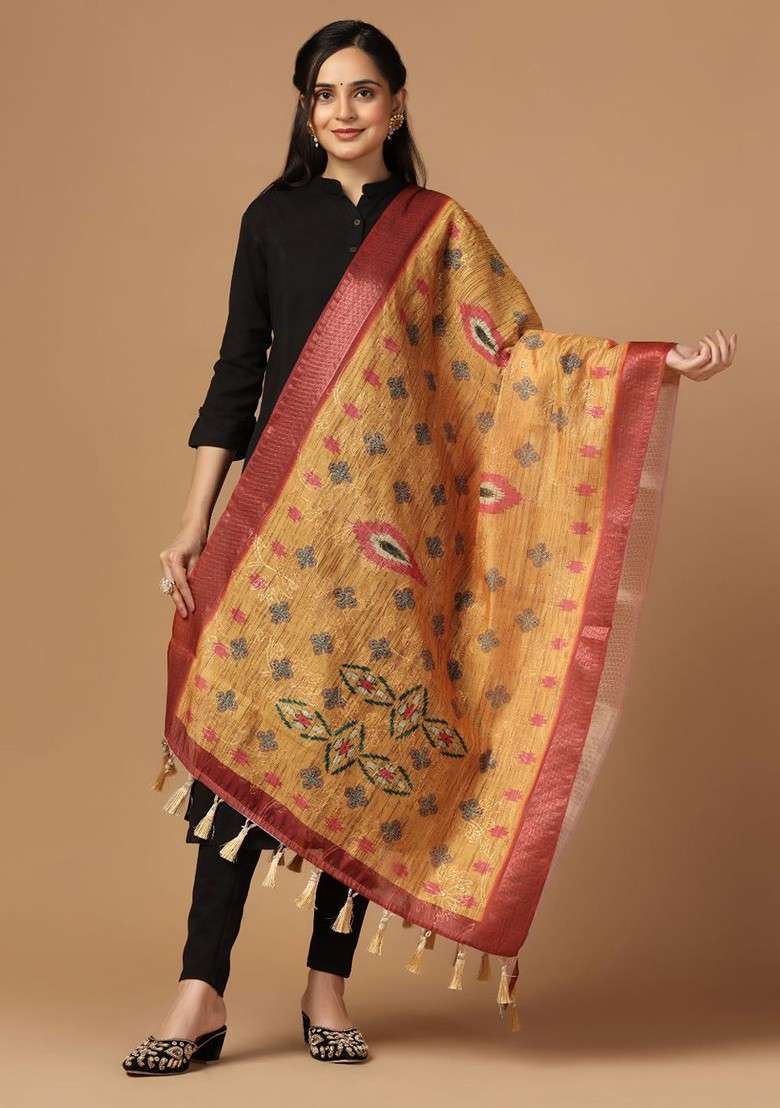 Floral Printed Ikat Tasselled Silk Dupatta With Thread Work - Indya