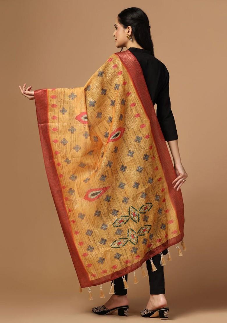 Floral Printed Ikat Tasselled Silk Dupatta With Thread Work