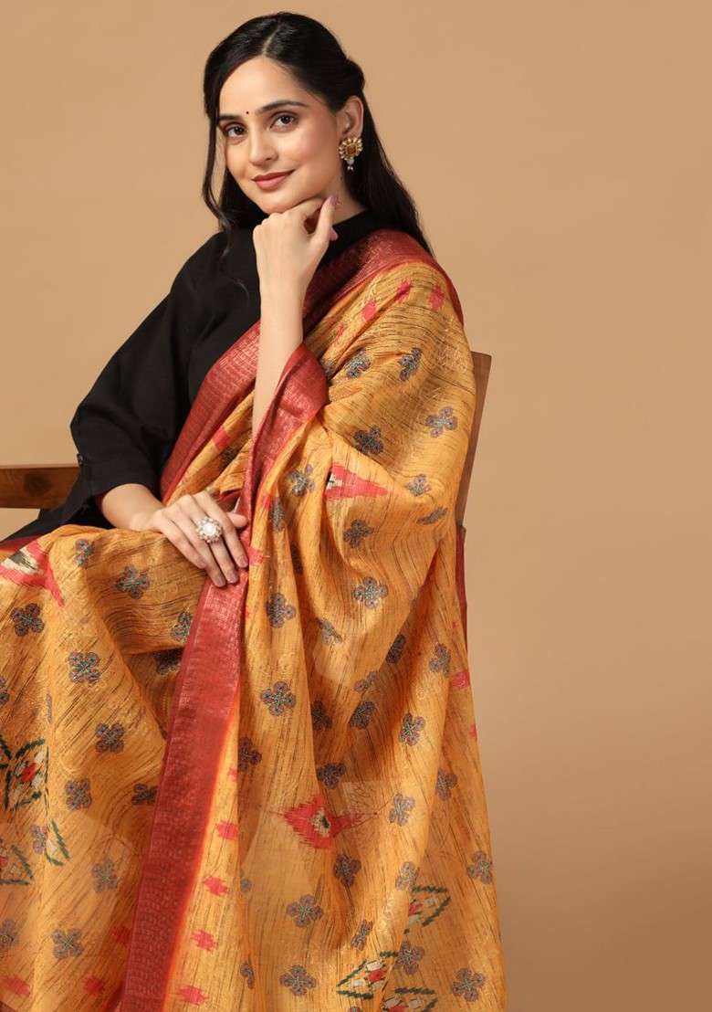 Floral Printed Ikat Tasselled Silk Dupatta With Thread Work - Indya