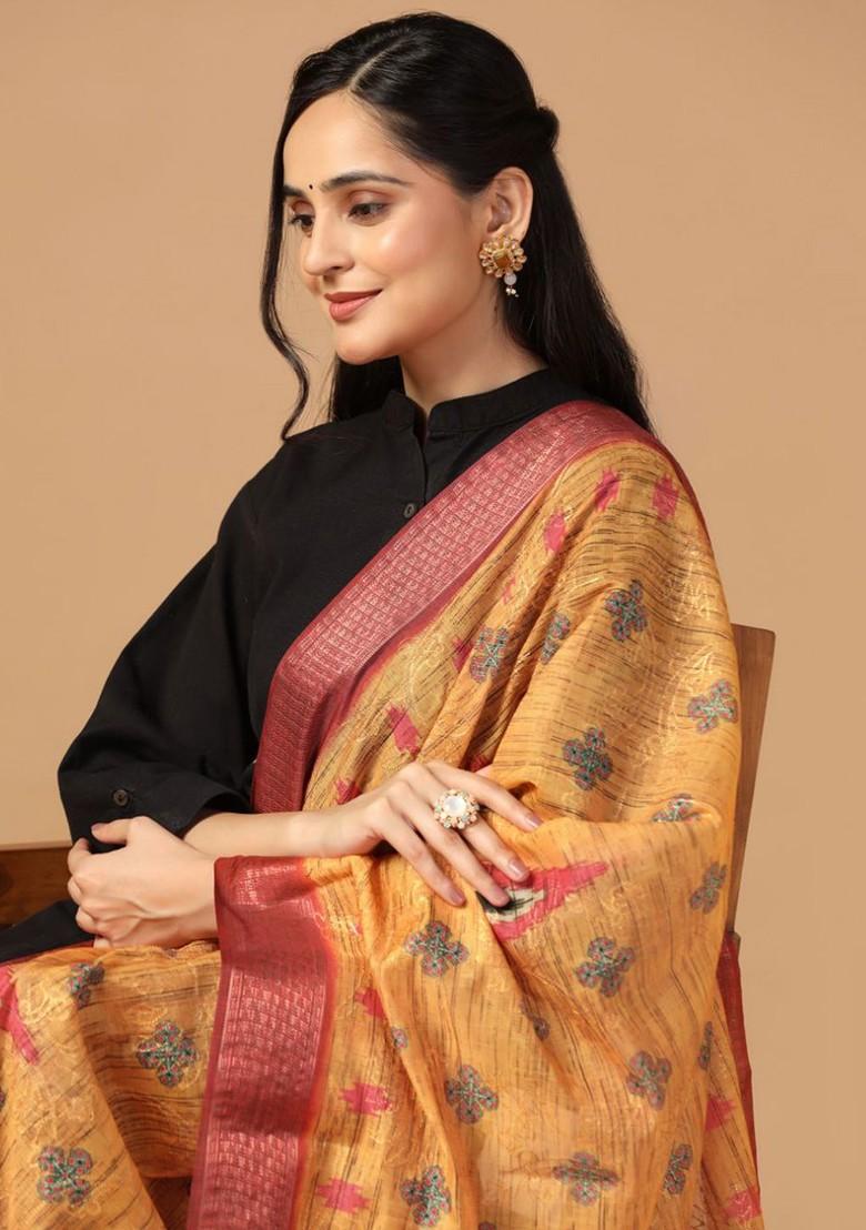 Floral Printed Ikat Tasselled Silk Dupatta With Thread Work