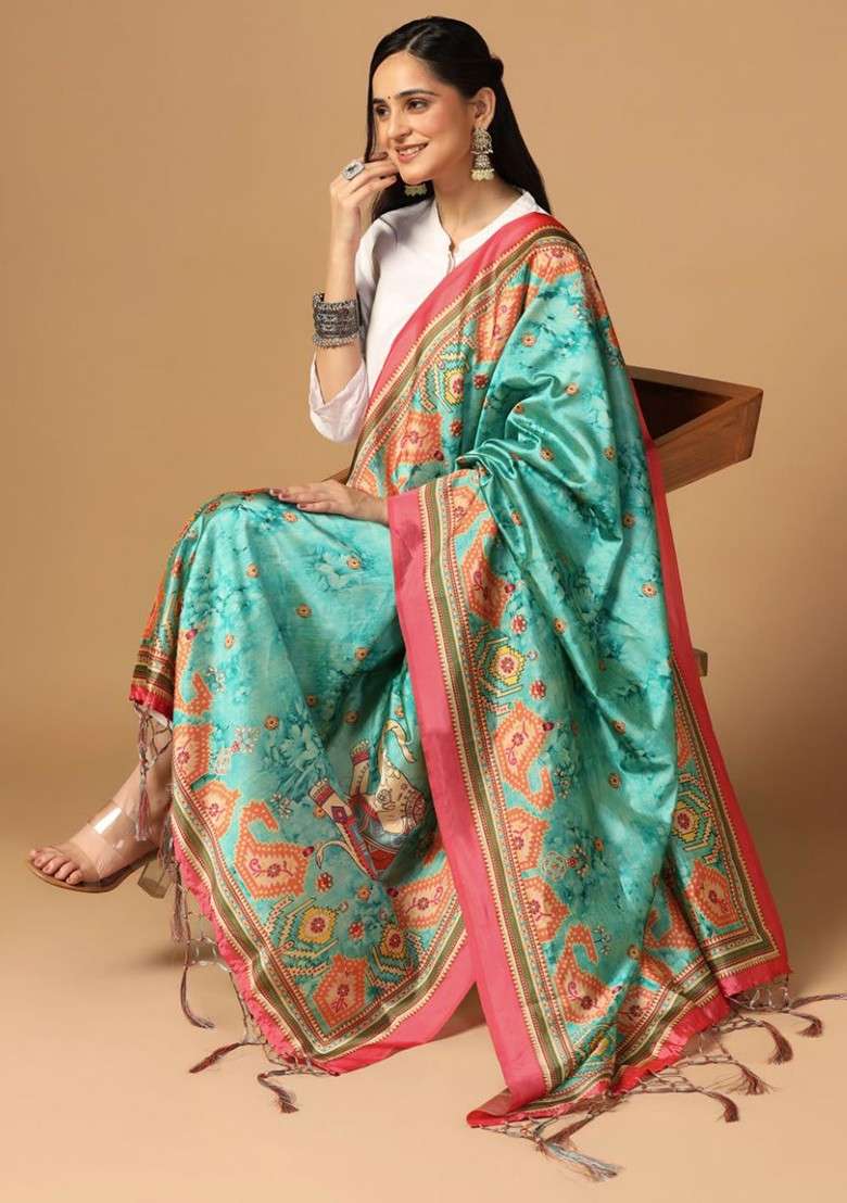 Ethnic Motifs Printed Silk Dupatta - Indya
