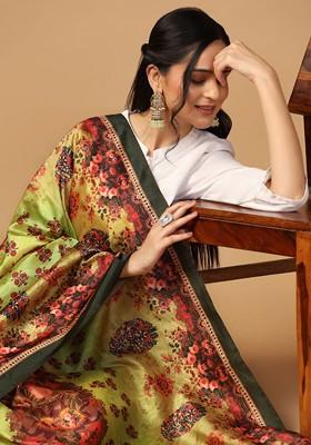Floral Printed Block Print Tasselled Silk Dupatta With Thread Work