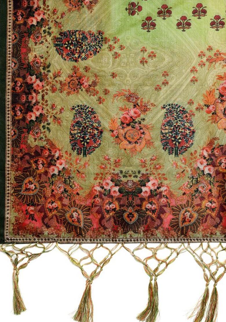 Floral Printed Block Print Tasselled Silk Dupatta With Thread Work