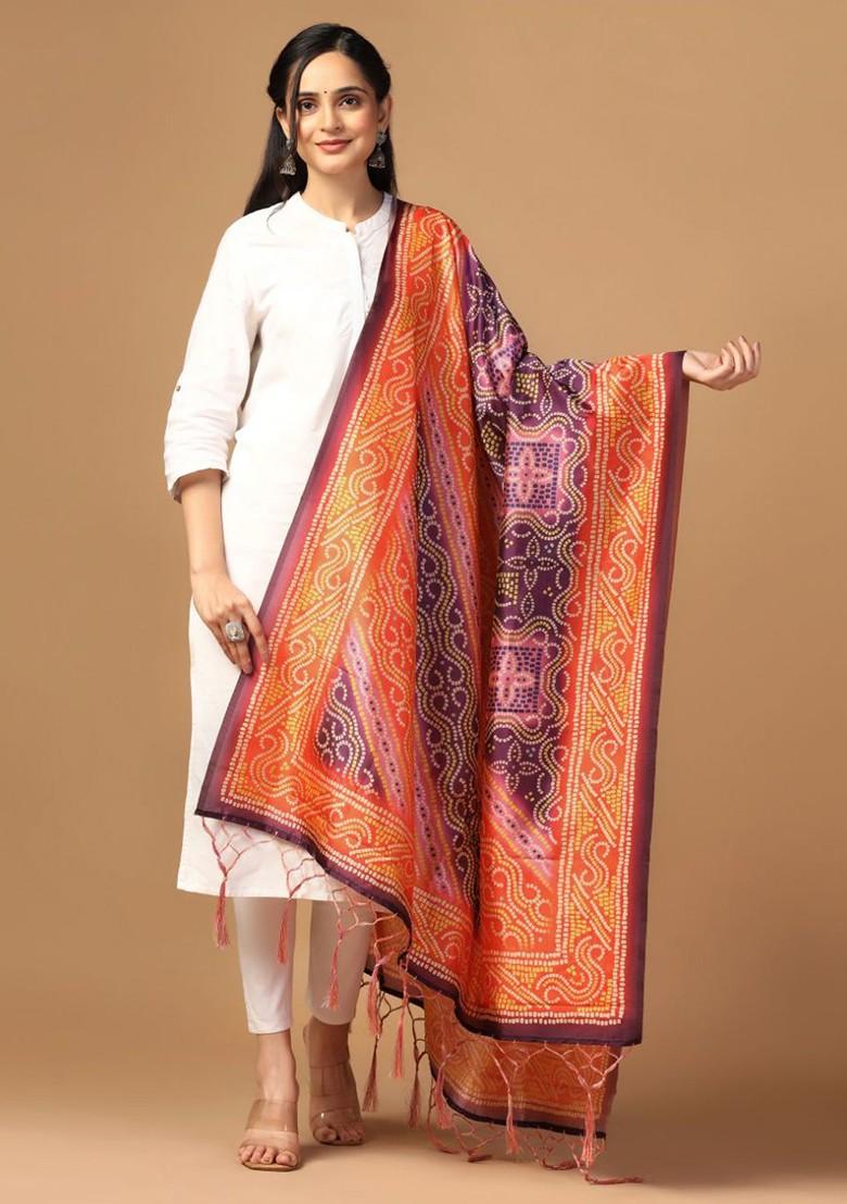 Printed Bandhani Silk Tasselled Dupatta With Thread Work
