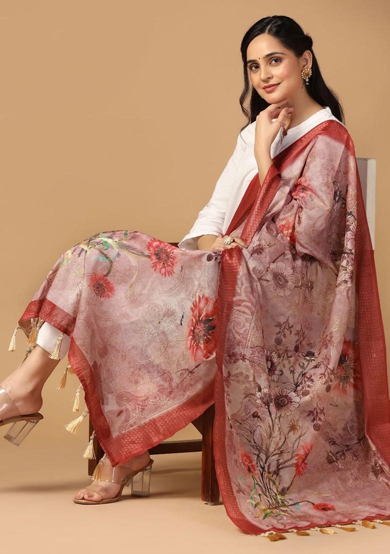 Printed Silk Dupatta With Thread Work