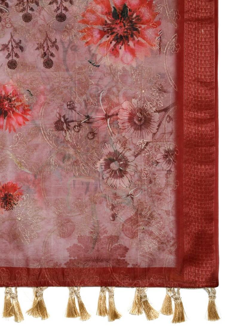 Printed Silk Dupatta With Thread Work