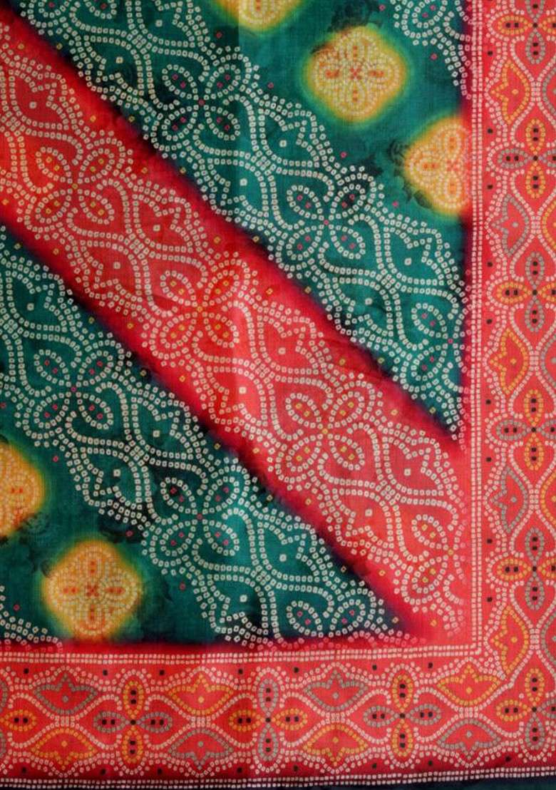 Printed Bandhani Silk Dupatta With Thread Work - Indya