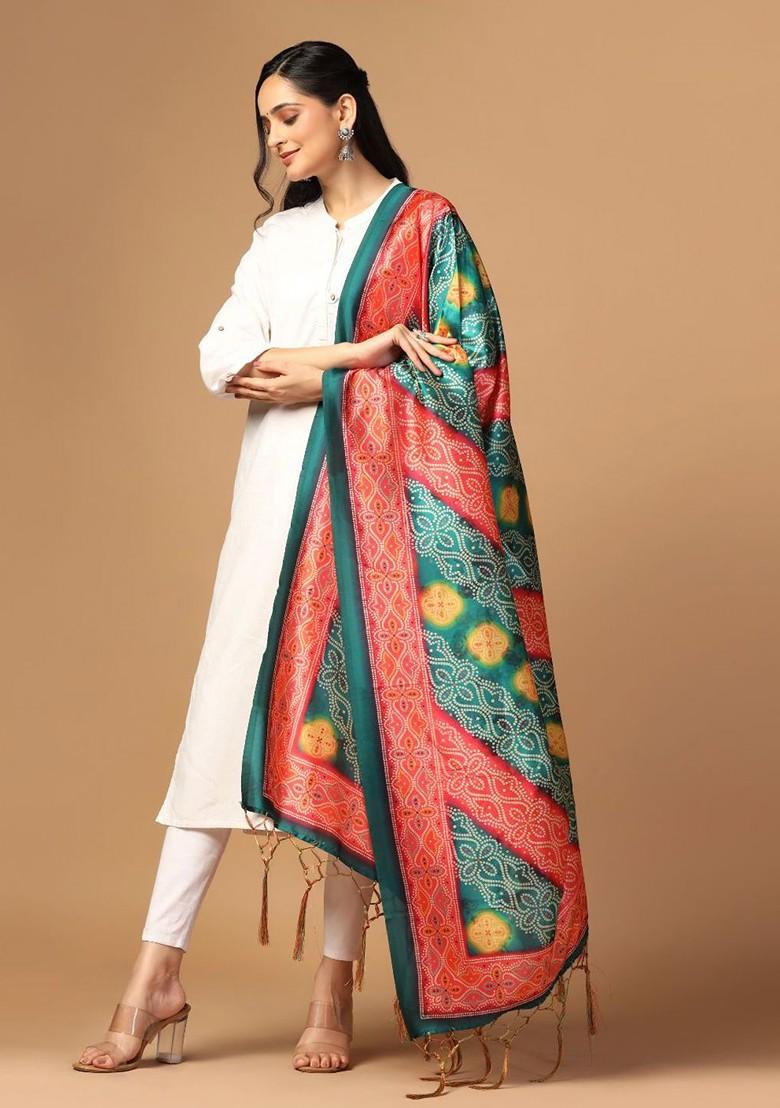 Printed Bandhani Silk Dupatta With Thread Work