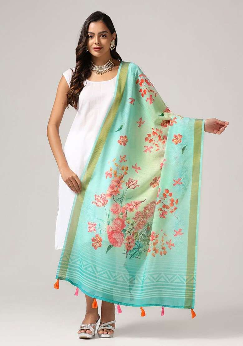 Printed Linen Dupatta With Zari - Indya