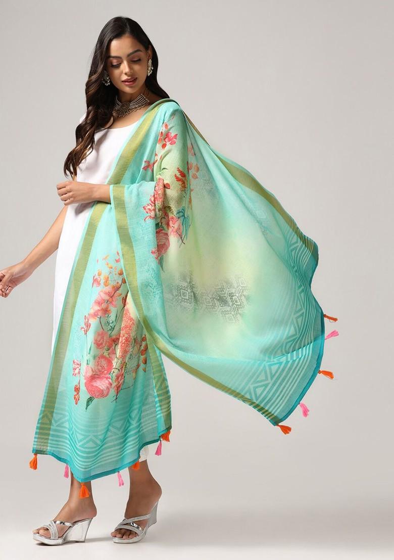 Printed Linen Dupatta With Zari