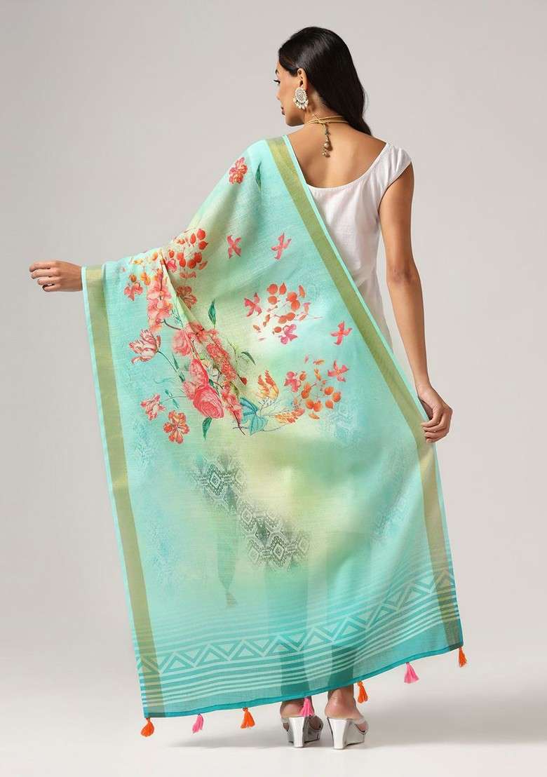 Printed Linen Dupatta With Zari - Indya