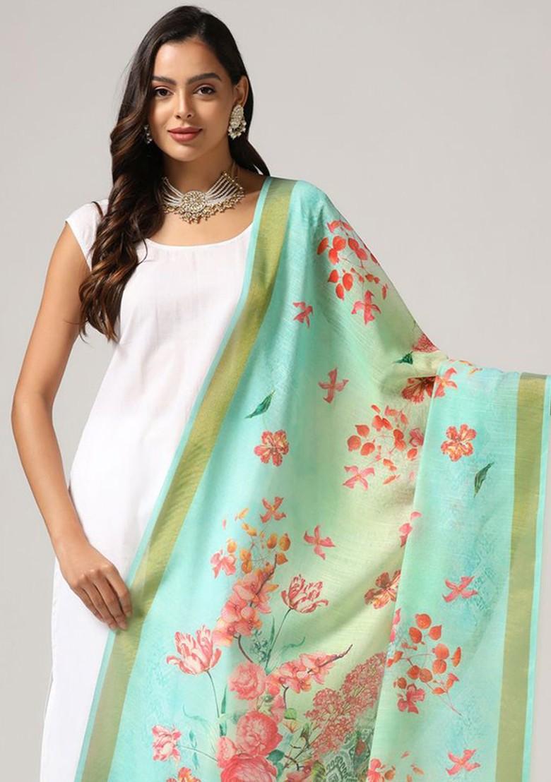Printed Linen Dupatta With Zari