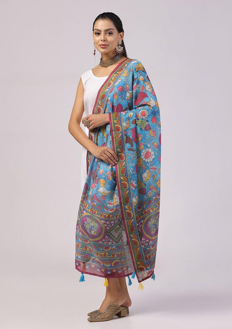 Floral Printed Linen Kalamkari Dupatta