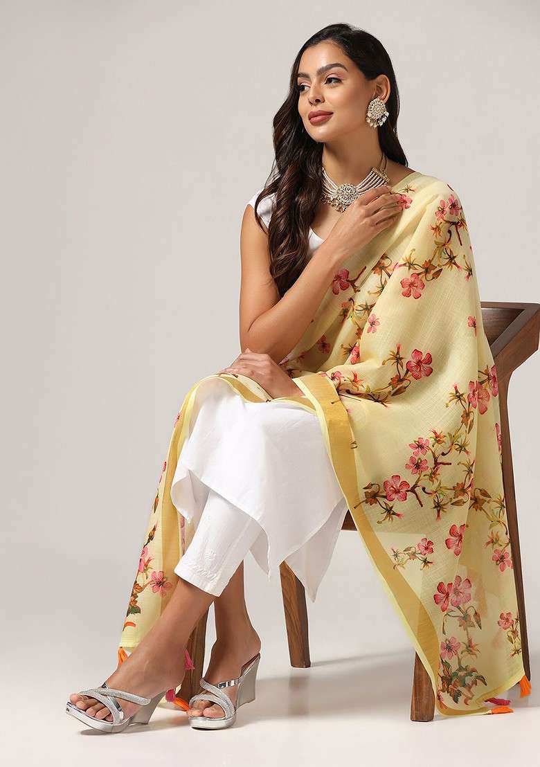 Floral Printed Dupatta With Zari - Indya
